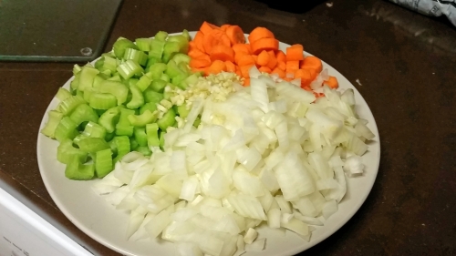 Minced garlic, chopped garlic, onion, & celery